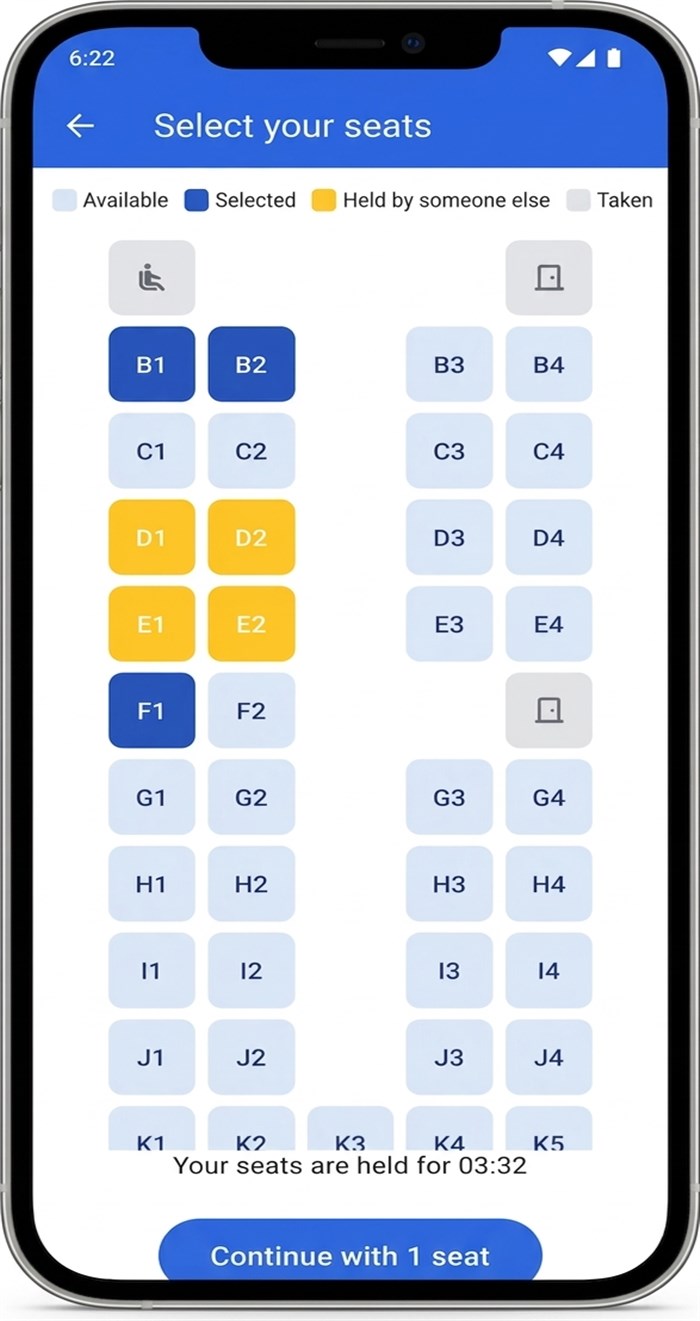 Fortivex Android app — seat picker screen