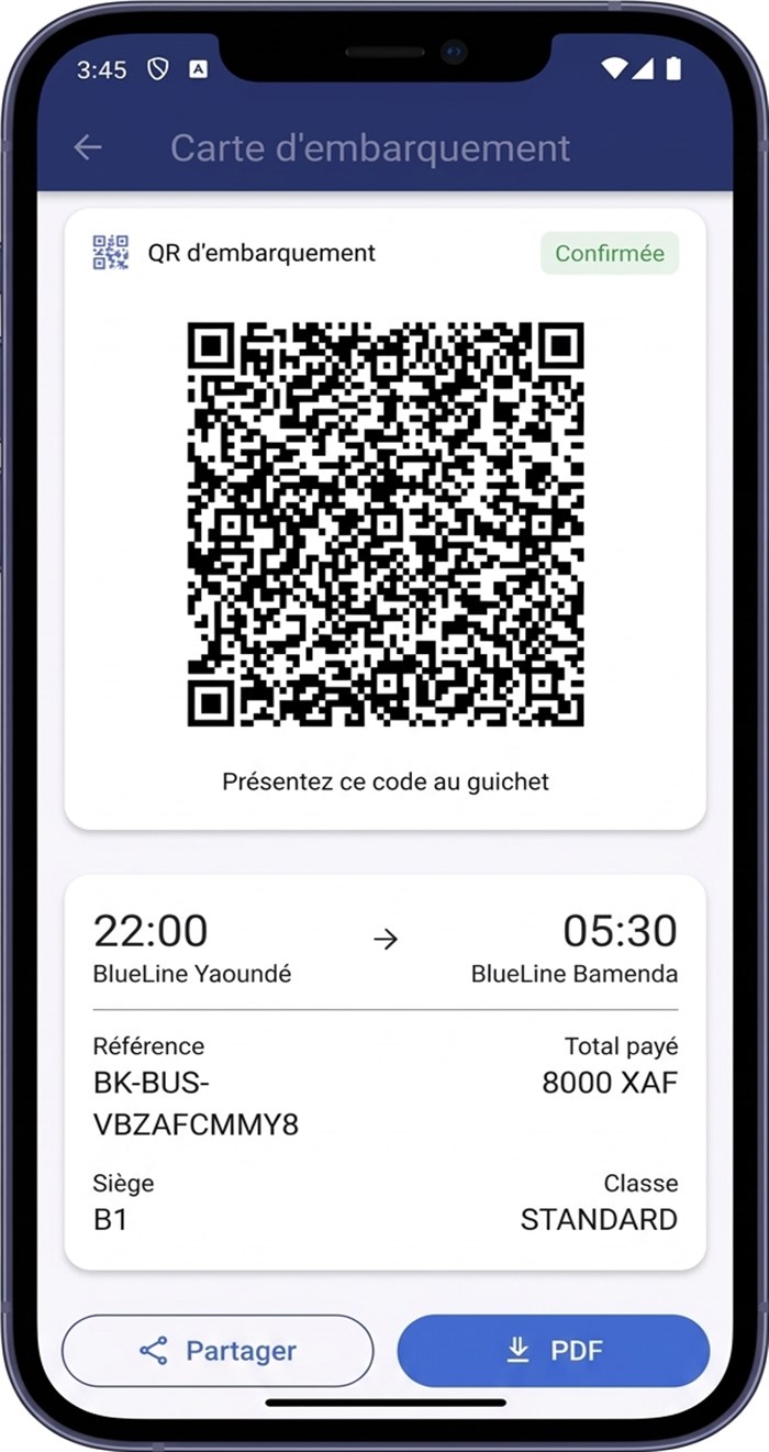 Fortivex Android app — e-ticket with boarding QR code